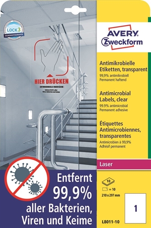 Avery antimikrobiset etiketit 210 x 297 läpinäkyvä mm, 10 kpl.